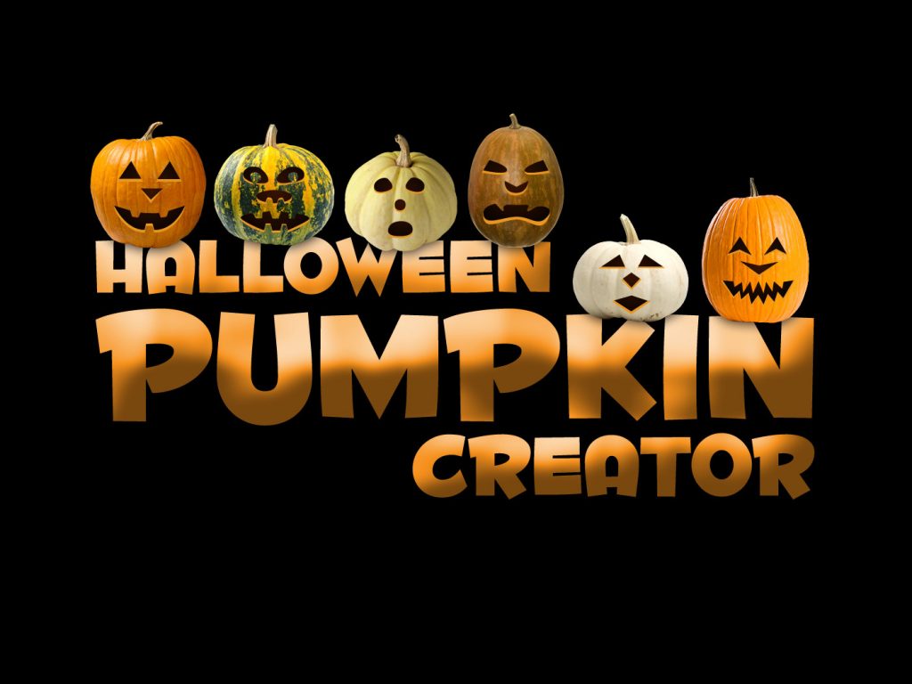 Splash screen with a variety of jack-o'-lantern designs sitting on top of the words Halloween Pumpkin Creator