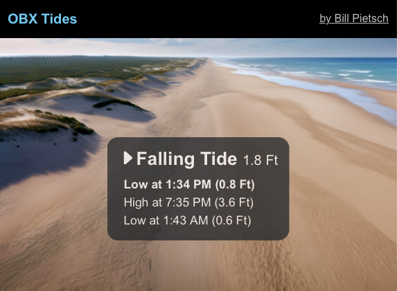 OBX Tides by Bill Pietsch app screenshot showing the current trend, level, and the next 3 upcoming tides for the day with a background image depicting the current tide level.